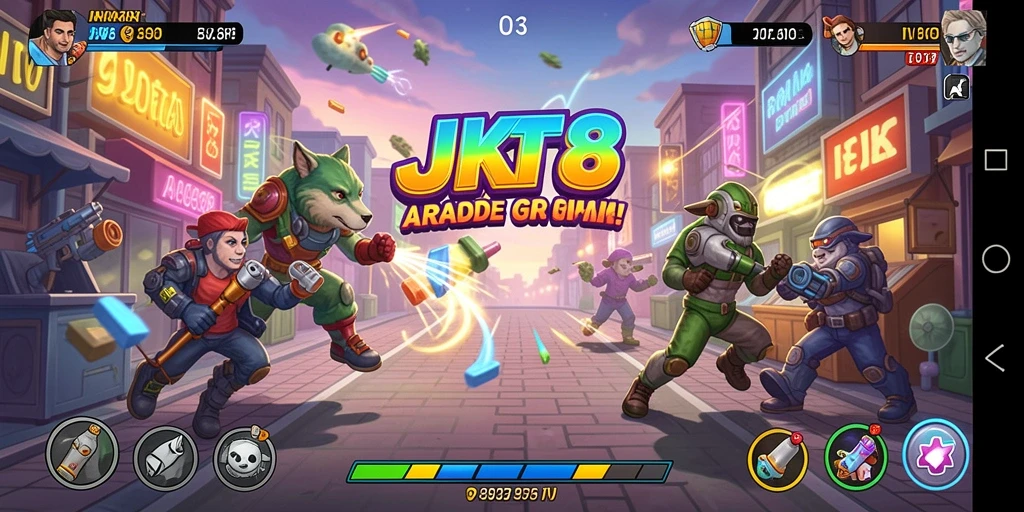 Screenshot utama JKT8 menampilkan antarmuka permainan Arcade yang menarik.